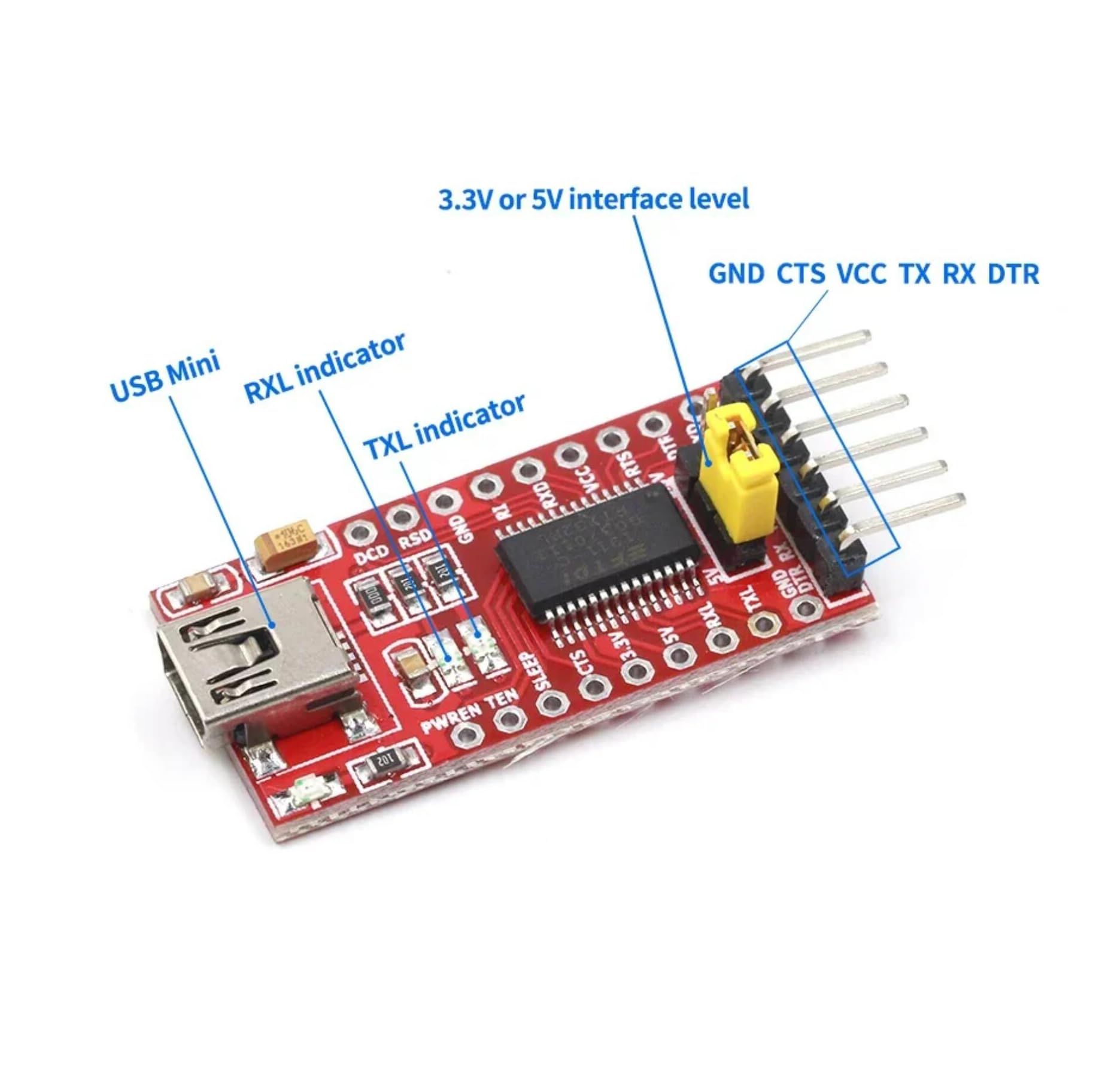 USB mini to TTL FTDI Board Module FT232RL Switchable 3.3V/5V