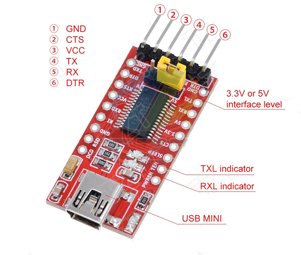 USB mini to TTL FTDI Board Module FT232RL Switchable 3.3V/5V