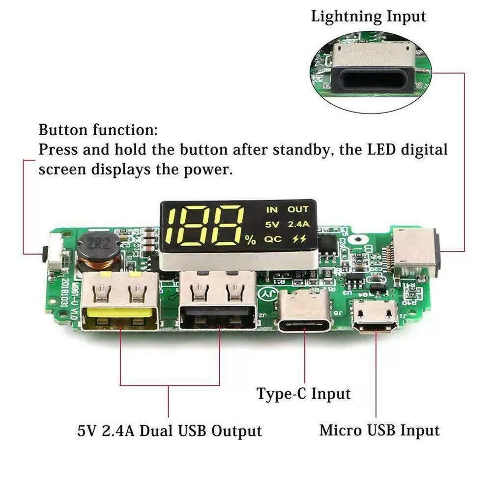 Dual USB 5V 2.4A Power Bank With LED Display 18650 Charger Board