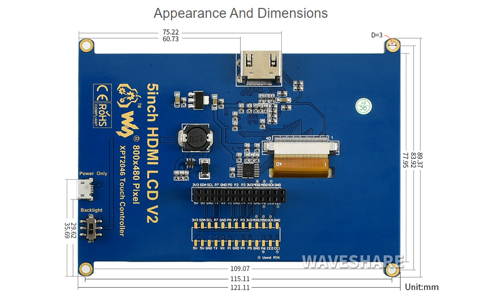 5 inch HDMI Touch Screen TFT LCD Panel Module Shield 800X480 For Raspberry Pi 2/3/Model B