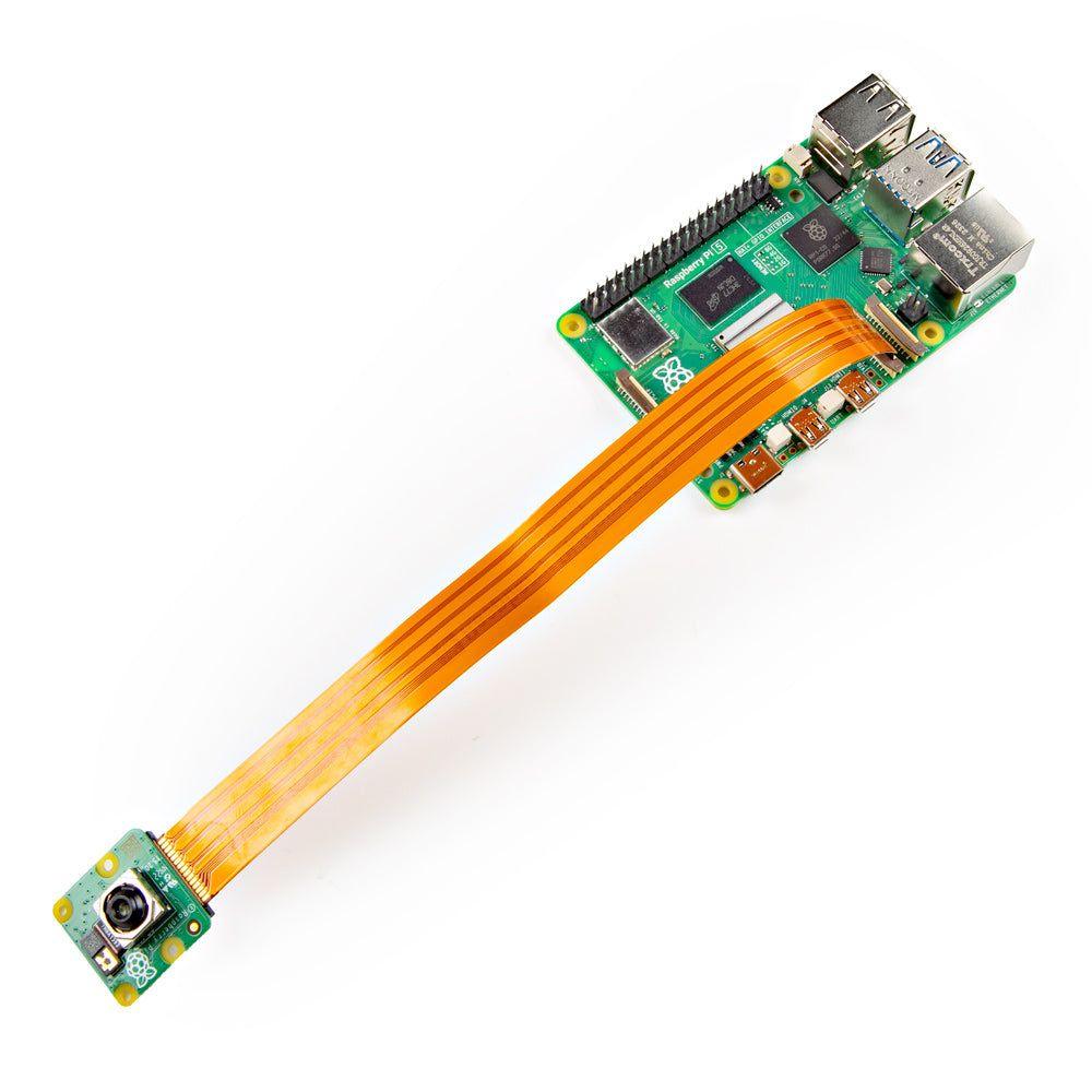flexible flat cable (FFC) adapter converts the 22-pin 0.5mm pitch camera port on the Raspberry Pi 5 to a standard 15-pin 1.0mm pitch interface, enabling compatibility with Raspberry Pi Camera Modules (v1/v2/HD) and third-party MIPI CSI cameras.