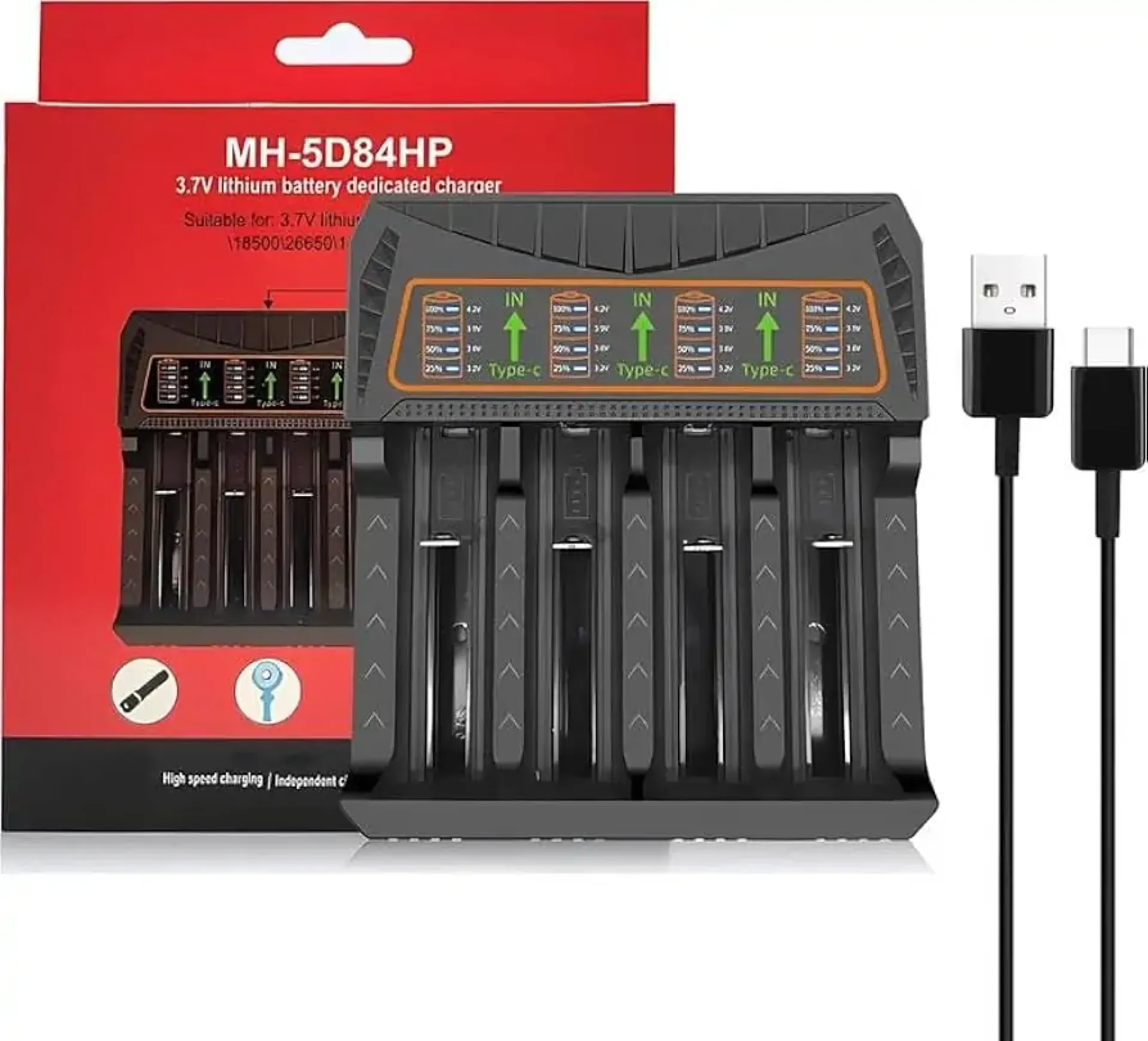 MH-5D84HP USB-C 4-Slot 18650/21700 Charger | 4.2V 4000mA, Independent Charging - Image 6