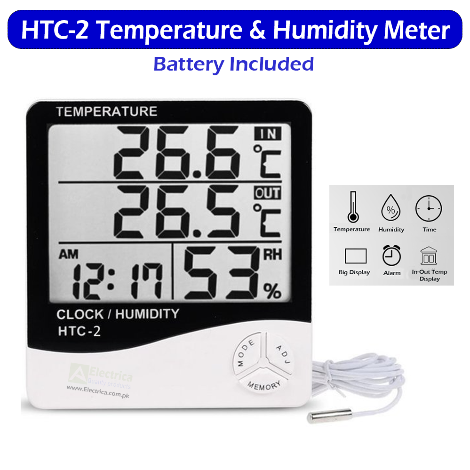 HTC-2 Digital Thermometer Hygrometer & Clock with Sensor Probe - Image 2