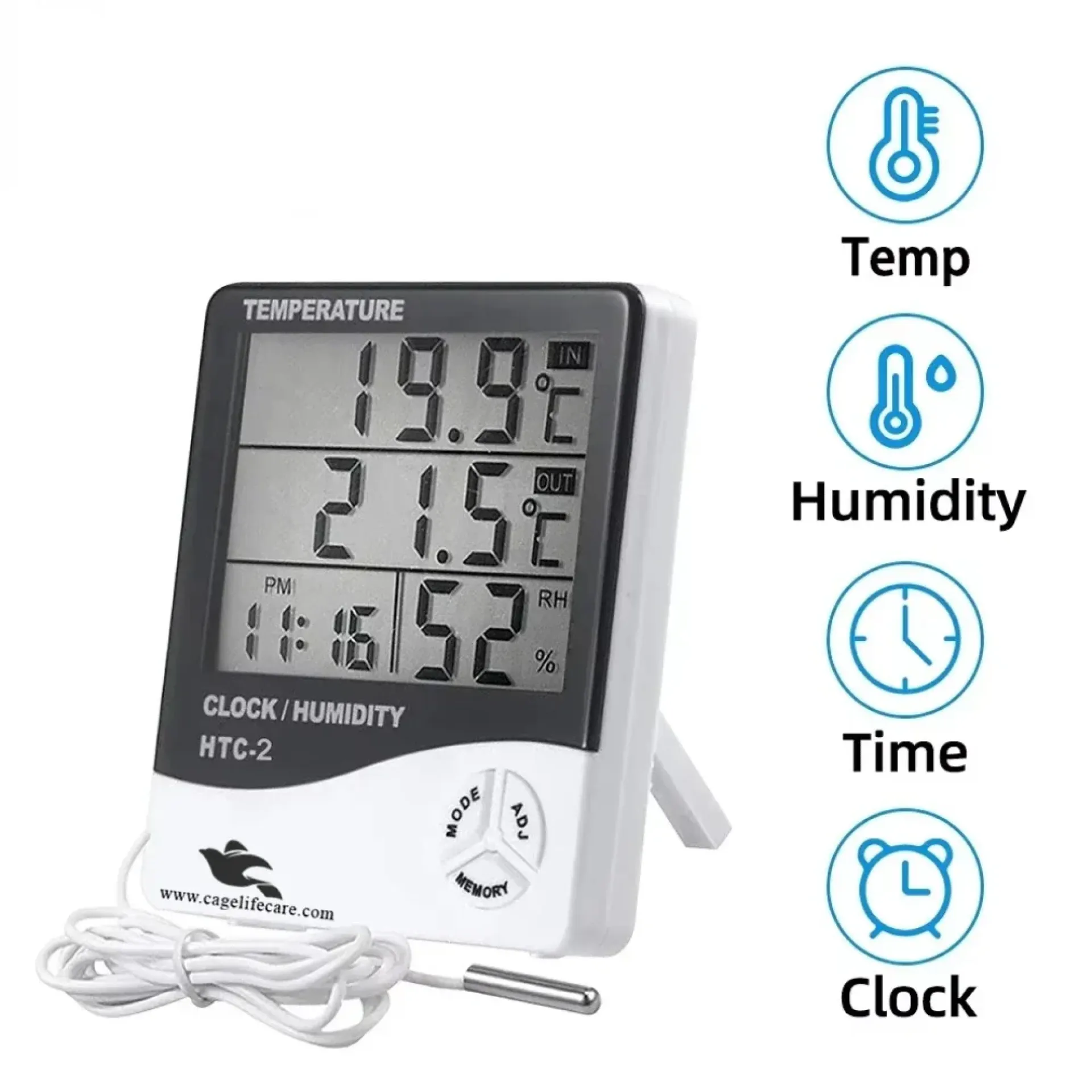 HTC-2 Digital Thermometer Hygrometer & Clock with Sensor Probe - Image 3