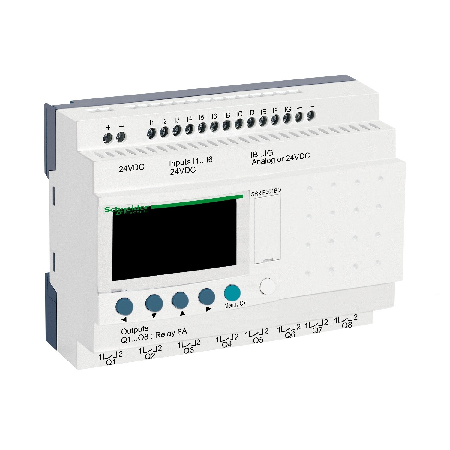 Schneider SR2B201BD | compact smart relay Zelio Logic – 20 I O – 24 V DC – clock – display