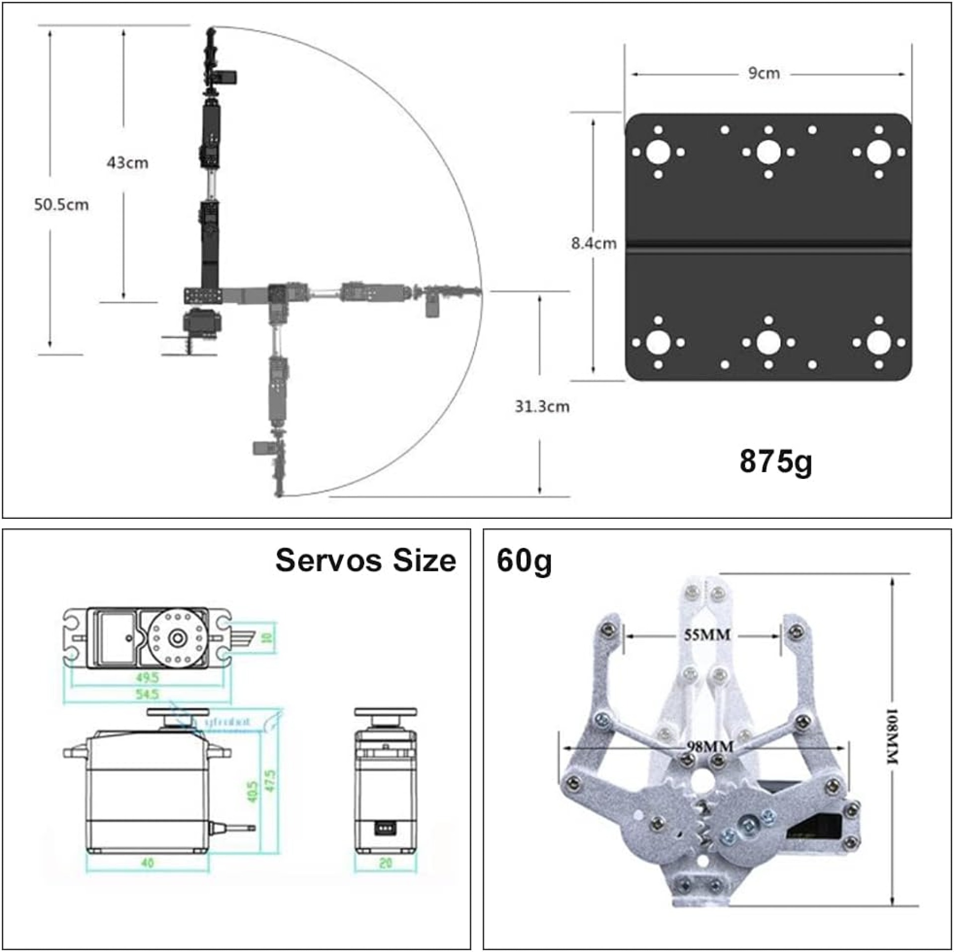 OUNA 6DOF Metal Robotic Arm Kit with Servos - Image 3