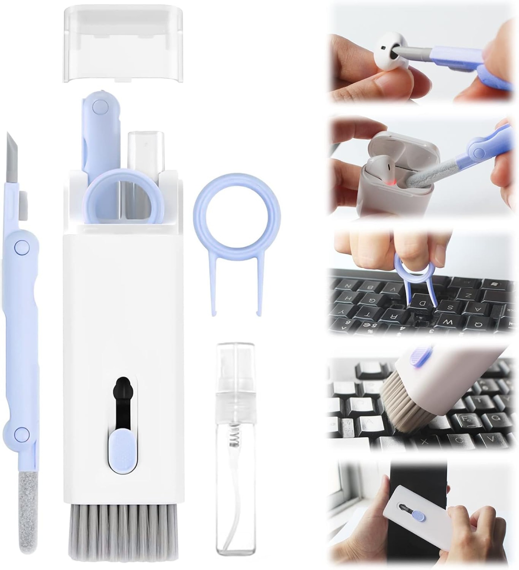 Laptop Cleaner Keyboard Cleaner Kit with Brush, 7 in 1 Electronic Cleaner Kit for Airpod Pro Earbuds Phone Computer, Multi-Function Cleaning Kit for Keyboard Laptop Airpods MacBook Earbuds PC - Blue