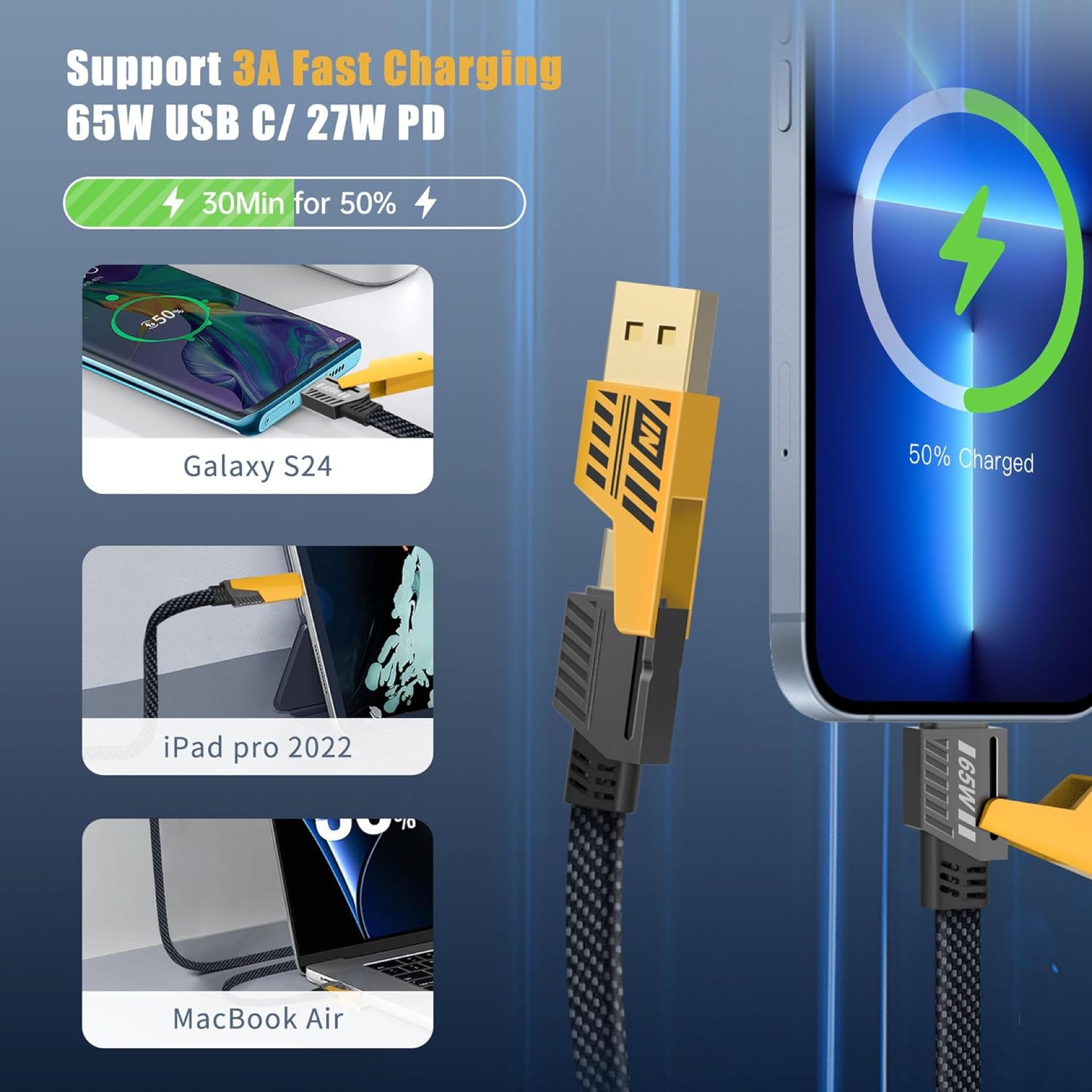 YISH 4-in-1 Multi USB Fast Charging Cable 1.8M – USB-A & USB-C to USB-C / Lightning - Image 6