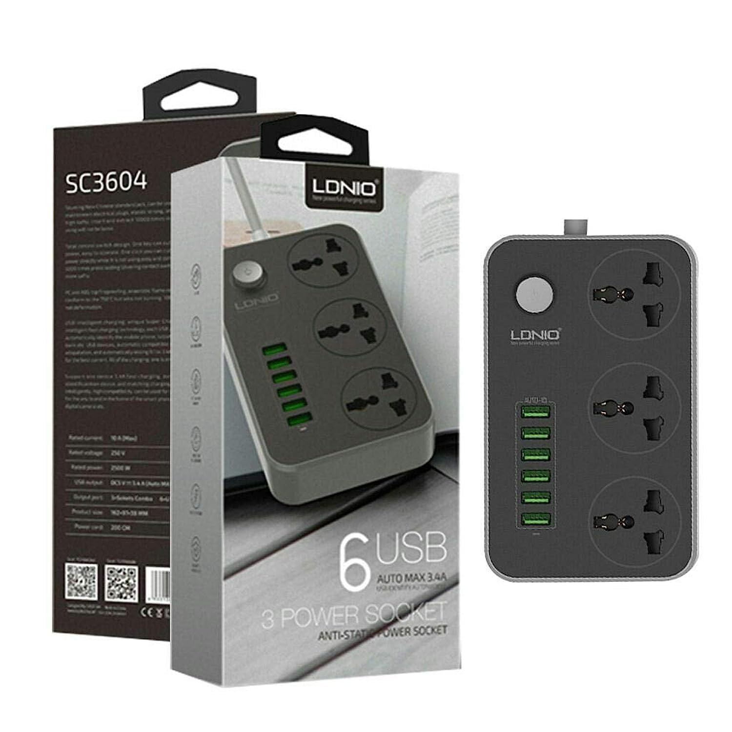 Power Strip Surge Protector with 3 Universal International Socket & Smart 6 USB Charging Ports 3.4A