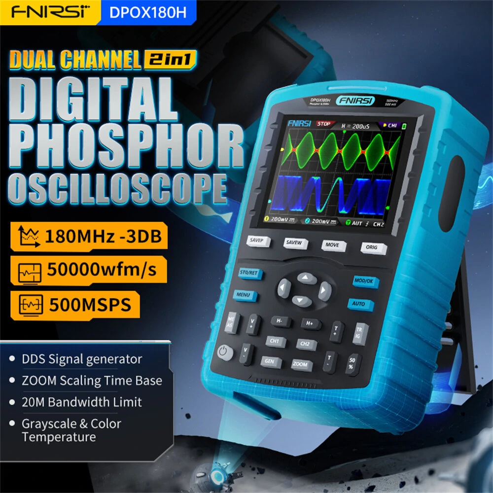 FNIRSI DPOX180H Handheld Phosphor Digital Oscilloscope 180MHz -3DB 50000wfms/s Dual Channel 20Mhz Signal Generator ZOOM XY FFT FNIRSI DPOX180H Handheld Phosphor Digital Oscilloscope 180MHz -3DB 50000wfms/s Dual Channel 20Mhz Signal Generator ZOOM XY FFT