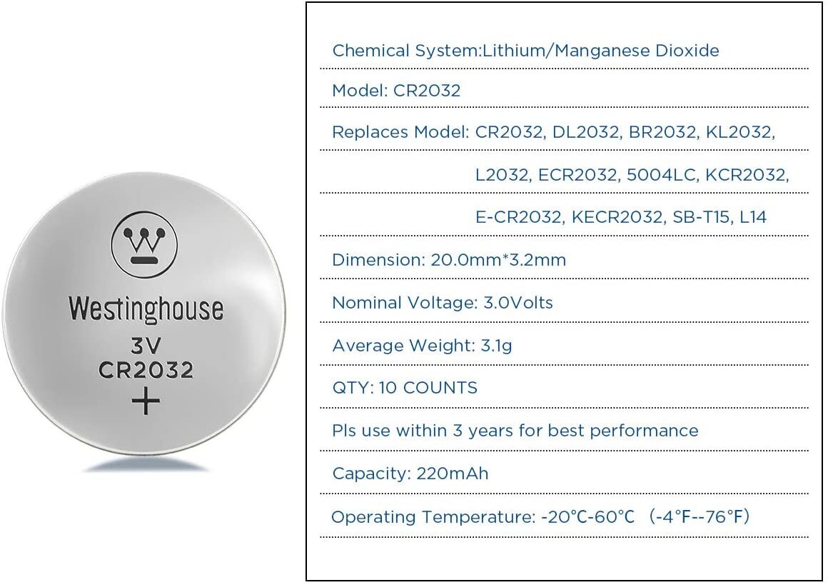 Westinghouse CR2032 Lithium Coin Battery 3V (1pc) – High-Capacity Power